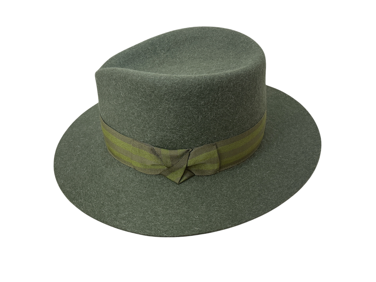 Fedora aus Haarfilz/Stichelhaar in Dunkeloliv mit breiter Krone