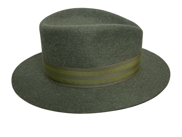 Fedora aus Haarfilz/Stichelhaar in Dunkeloliv mit breiter Krone