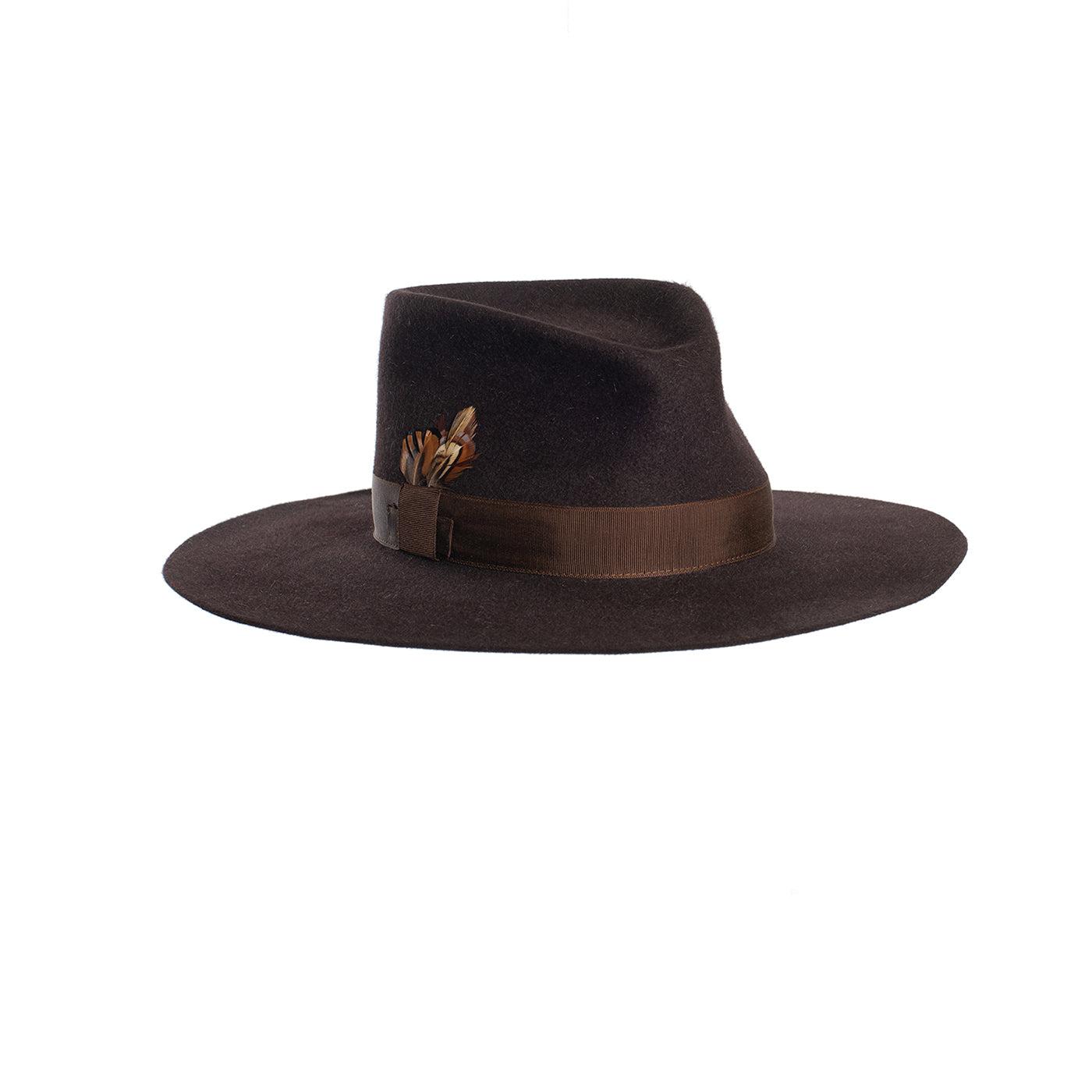Fedora aus Haarfilz und Federn in Braun