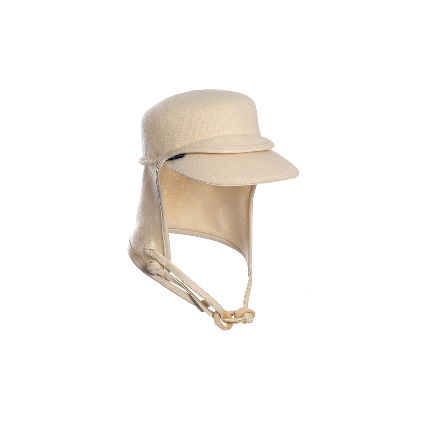 Haube aus Merinowalk und Leder in Naturweiß