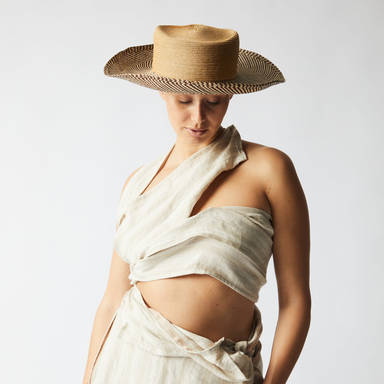 Sombrero aus Baumwollborte und Gemusterten Panmastrohin Beige und Braun – Ansicht 2