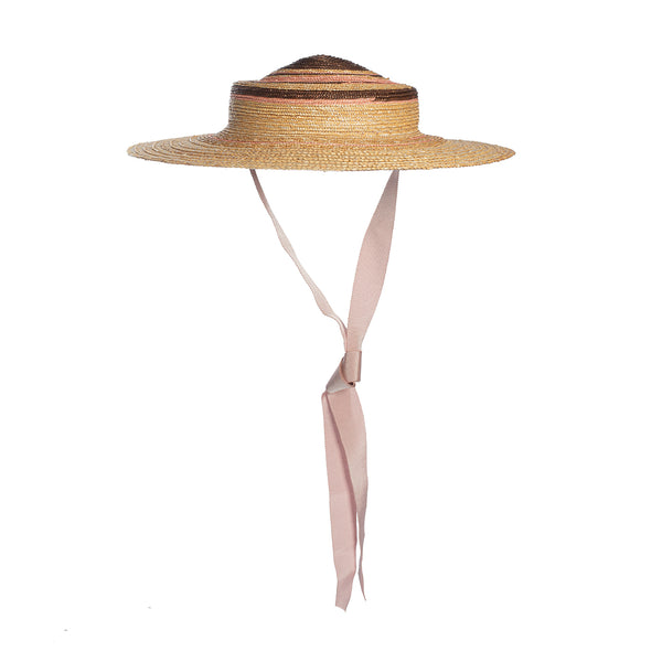 Sombrero aus Weizenstrohborte in Natur - Braun -Rosa